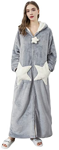 YYNUDA Bademantel Damen Flanell mit Kapuze und Reißverschluss Lang Hausmantel Morgenmantel（Grau XL）