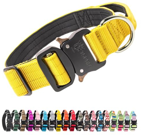 TSPRO Taktisches Hundehalsband mit Metall-Schnellverschluss & Griff | Verstellbar & Schwer, 3,3 cm Breit mit Weicher Polsterung für Mittlere & Große Hunde, Training, Spaziergänge, Gelb M