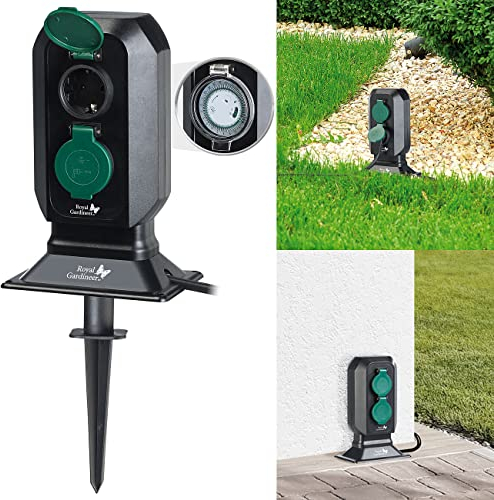Royal Gardineer Stromverteiler Garten: 2-fach-Garten-Steckdose mit Zeitschaltuhr, bis 3.680 Watt, IP44 (Outdoor Zeitschaltuhr, Steckdosen mit außen, Verlängerungskabel)