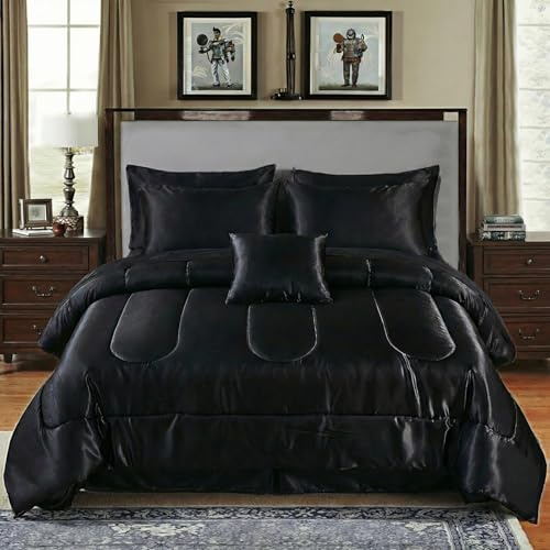 Bedding_Dreamer Satin Comforter Set Queen Size, 8 Piece Bed in a Bag Black with Sheets, Silky Soft Polyester Satin Bedding Set, Lightweight, 16 Inch Deep Pocket, Luxury Modern Style