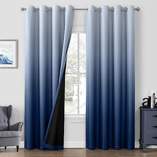 HOMEIDEAS Navy Blue 100% Ombre Blackout Curtains for Bedroom, 52 X 84 Inches Long Room Darkening Gradient Light Blocking Thermal Insulated Grommet Drapes for Living Room, 2 Panels