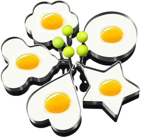 GZMAISULEE Stampi per uova per cucinare 5 pezzi anelli per uova in acciaio inox anelli per cottura uova cuore, fiore, stella, Micha, set di stampi rotondi per pancake, giallo