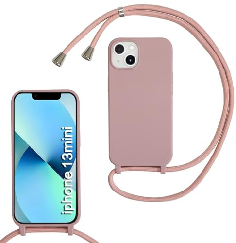 SLWYF Custodia per iPhone 13 Mini Cover con Cordino, Silicone Antiurto TPU Morbido Corda Collana Necklace Regolabile Stylish con Catena Ultra Sottile Cover Case, Rosa sabbia