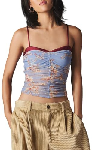 Camiseta de tirantes finos para mujer, de malla, fruncida, Y2K, contraste, patchwork, sin mangas, para salir