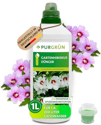 Purgrün® Gartenhibiskus-Dünger 1 Liter – Mineralische Rezeptur – Premium-Flüssigdünger mit Spurennährstoffen – NPK 10+8+6 – Extra Phosphor für strahlende Blüten – Konzentrat für 200 Liter Wasser