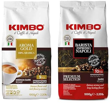 Duo de Dégustation Café en grains Kimbo: Aroma Gold 100% Arabica et Espresso Napoli 1 kg x 2