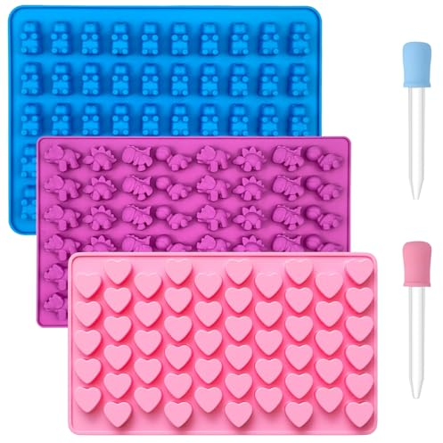 Maxentico Juego de 3 Piezas Moldes Gominolas Silicona Reutilizable, Moldes para Caramelos, para Hacer Chocolate de Varios Animales, Moldes de Silicona Antiadherentes Para Gomitas, con Cuentagotas