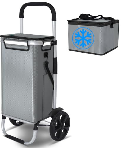 VOUNOT® Einkaufstrolley Klappbar aus Aluminium mit 58L Wasserdichter Tasche und Kühlfach, 2 Extra große Räder mit Schutzblech, Faltbarer Einkaufswagen, Treppensteiger Trolley, Grau