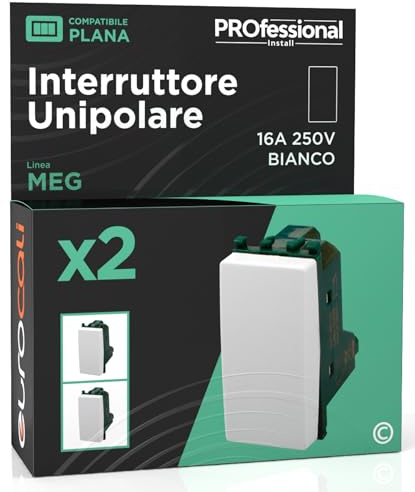 Interruttore Unipolare di Corrente 16A 250V Compatibile con Vimar Plana a Incasso da Muro Frutti Elettrici Colore Bianco - Confezione da 2