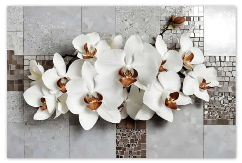 H10401Z_NS1B Sticker mural décoratif Motif orchidées blanches et mosaïque 120 x 80 cm