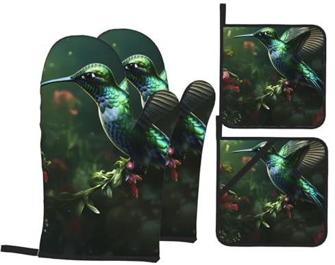 YYHWHJDE Set di 4 guanti da forno e presine con stampa verde colibrì: spessi e resistenti, anti-scottatura e termoisolanti