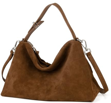 DONNAIN Umhängetasche Damen Leder, Wildleder Handtasche aus Halbmondform, Lederhandtasche Damen Echtleder, Bags for Women, Suede bag, Veloursleder Taschen mit verstellbarem Riemen, Camel