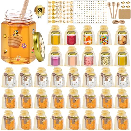 BGraceyy 35 Pack 4 oz Mini Hexagon Glass Honey Jars with Dippers, Gold Lids, Bee Stickers, Bee Charms, Gift Bags & Jute– Empty Small Honey Jars for Party Favors Bulk, Ideal for Baby Showers ＆ Weddings