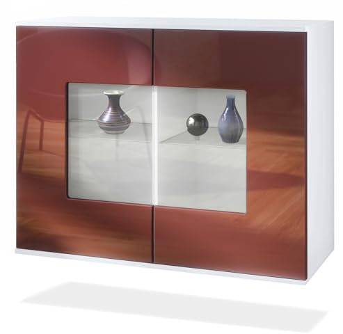 Vladon Kommode Grömitz V3, Moderner Küchenschrank mit 2 großen Glastüren inkl. RGB Beleuchtung Weiß matt/Bordeaux Hochglanz (92,5 x 73.5 x 35)