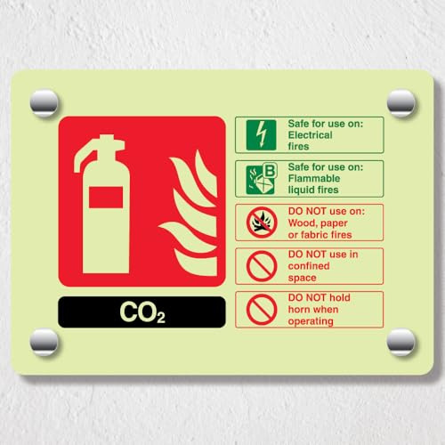 V Safety - Señal acrílica para extintor de CO2 que brilla en la oscuridad, 150 x 100 mm, horizontal, duradera, inastillable, señalización de seguridad