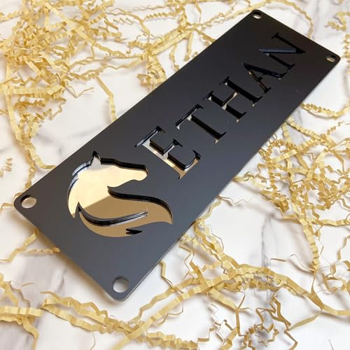Placa personalizada de acrílico moderno para números de casa, diseño 3D en Negro y Plata con corte láser, señalización exterior con nombre de calle y número cívico para hogar o finca Pony (Modelo 3)
