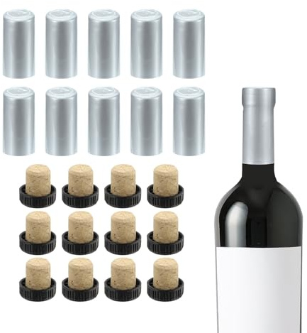 QUARKZMAN 100Pcs Capsules Thermorétractables PVC 12Pcs Bouchons Bordeaux Liège Forme T Bouchon Scellage Bouteille Capsules Thermorétractables pour Verre, Caves Bordeaux, 32x60mm, Argent