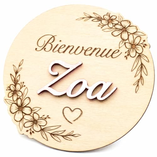 Carte bienvenue bébé rond en bois, typographie, texte & prénom personnalisable, panneau pour la séance photo de naissance, floral, champêtre, idée cadeau, décoration chambre enfant, souvenir