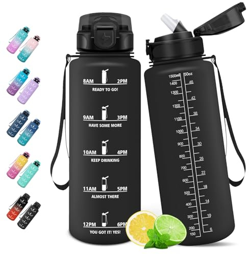 HoneyHolly Gourde, 1.5L Bouteille, Gourde Sport avec Paille, Gourde Motivation avec Marqueur de Temps, Bouteille d'eau, Étanche, Bouteille d'eau pour Randonnée, Camping, Fitness, Cyclisme