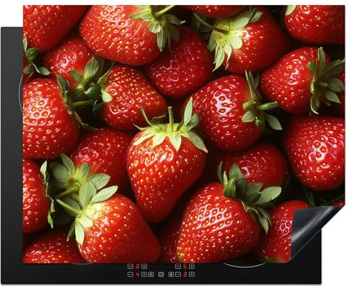 KitchenYeah© Herdabdeckplatte Einteilig Herdabdeckung Abdeckplatte | 65x52 cm - Ceranfeld Abdeckung Induktionskochfeld Aufrollbare Matte Erdbeere - Obst - Rot
