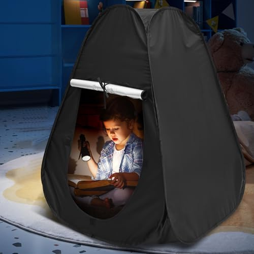 BAODBF Sensorisches Zelt Autismus Pop up Höhle Dunkeldamm Kinder | Ruhiger Rückzugsort für Entspannung bei SPD Ängsten mit Tragetasche Schwarz Lichtundurchlässig 80x80x105 cm Spielhaus