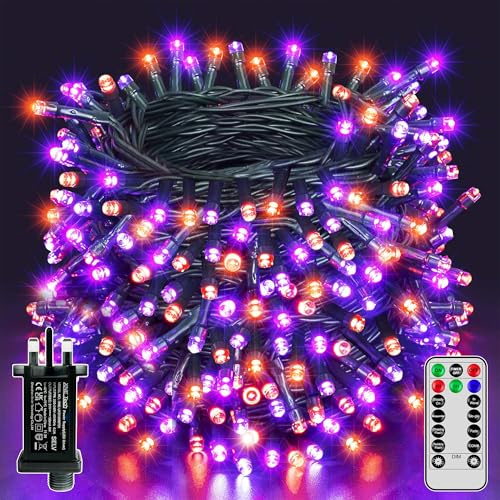 Ollny 20m 200 LEDs Halloween Decorations Fairy Lights Plug in, Purple and Orange Outdoor Waterproof String Light Mains Powered, with 8 Modes Timer Clear Cable Spooky Lighting for Indoor Outside Decor