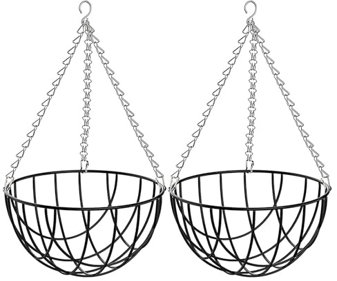 Metal Hanging Basket 2PCs Round Flower Planter with Hanging Chain for Garden Balcony Porch Indoor Outdoor Decoration Heavy Duty Plant Holder for Flowers, Herbs, Plants Gardening (14 Hanging Basket)