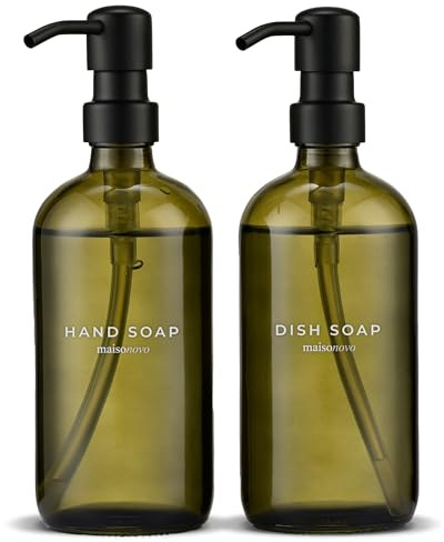 MaisoNovo Hand and Dish Soap Dispenser Kitchen Set - 500 ml Green Glass Soap Dispenser Bottle with Pump Black x 2, Waterproof Labels