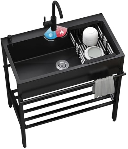 Schwarz Küchenspüle Einzelbecken Edelstahl Gewerbliche Spülbecken Ausgussbecken Mobile Waschtisch Mit Kalt und heiß Wasserleitung für Außen,Garten, Waschküche, Garage, Hinterhof, 68cm