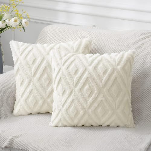 2er Set Boho Kissenbezug 45x45 cm, Kissenbezüge Flauschig Kissen Plüsch Kissenhüllen 45x45 Dekokissen Sofakissen Boho Deko Zierkissen Kissenhülle Fellkissen für Sofa Schlafzimmer Wohnzimmer (Creme)