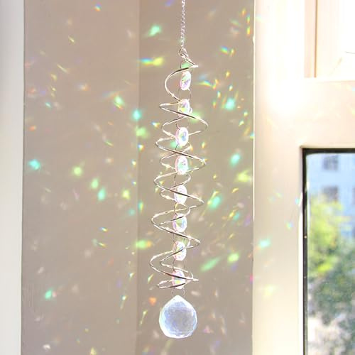 45cm Kristall Sonnenfänger Windspiel - Bunter Regenbogen Sonnenfänger mit Doppelspirale & Chakra Perlen - Dekorativer Hängender Suncatcher für Fenster,Garten,Balkon,Hochzeit - Innen & Außen Deko (B)
