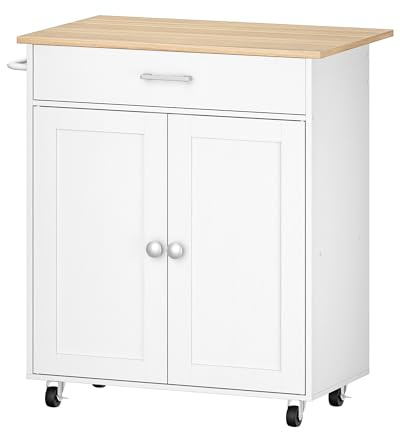 CHOEZON Kitchen Island, Farmhouse Kitchen Island Cart with One Double Cabinet and Drawer, Rolling Storage, with Drop Leaf ＆ industrial locking wheels, for Living Room, White and Natural DMZD01WN