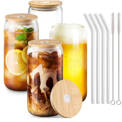 SFHKZCM Glass Tumblers with Lids & Straws 500ml Iced Coffee Cups for Bubble Tea, Smoothies, Cola Reusable Cold Drink Glasses with 2 Cleaning Brushes Cafe Style Beverage (4, 500, Millilitres)