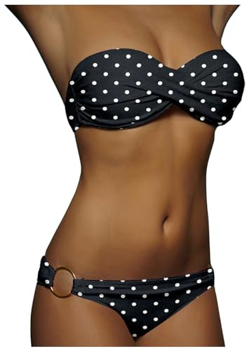 Maillot de Bain Femme 2 Pieces Haut Bandeau,Maillots Deux Pièces Femme Push up Froncé et Torsadé Bikini Set Taille Basse sans Bretelles Sexy Imprimé à Pois Beachwear Ensemble Sport (Black, M)