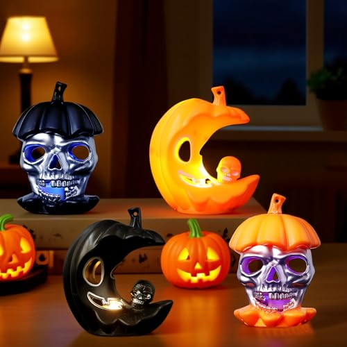 4 Pezzi Lanterne Halloween LED, Lamp Candela Teschio di Zucca Halloween, Lanterne da Tavolo per Halloweens, Halloween Decorazioni Casa Luci LED per Interni ed Esterni, Giardino