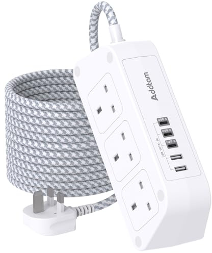 Addtam Extension Lead with USB Slots, Extension Cable with 6 Way Outlets | Extension Lead with 5 USB Ports (5A, 3 Type C & 2 USB A ), 3250W Overload Protection, Surge Protection Plug Extension Socket