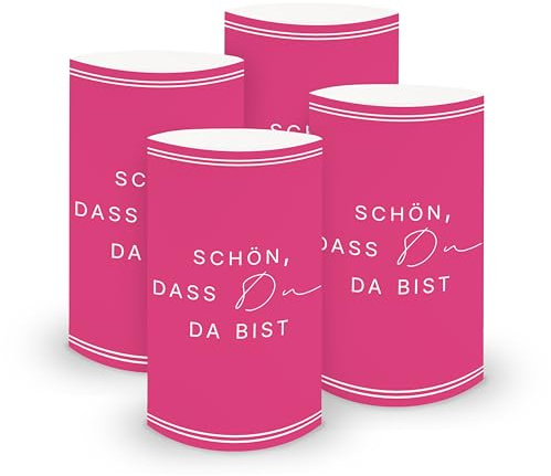 itenga 6X Windlicht Tischlicht „Schön, DASS du da bist“ V3 – Ø 6 cm x H 10 cm – aus Stabiler lichtdurchlässiger Folie – 13 Farben – Tischdeko für Hochzeit, Taufe, Geburtstag, Feier (pink)