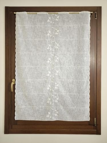 mauro Tenda a vetro per finestra e porta – tessuto effetto lino bianco con ricamo a rami e foglie – larghezza 45/60/90 cm, altezza 64-241 cm – art. Natura – 45x207 cm