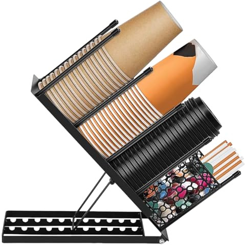 Ollanoos Soporte de metal negro para tazas y tapa, dispensador de tazas desechable ajustable de 4 compartimentos con cesta de almacenamiento para popote, para encimera de bar, sala de descanso