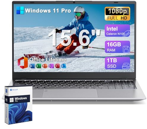2025 Gina 15 15.6 Inch FHD Windows 11 Pro Laptop Computer for Home/School/Business, Intel 4-Core N100 up to 3.4GHz, 16GB DDR5 RAM, 1TB SSD, Free Office, Fingerprint, Numeric Keypad, Webcam, Type-C