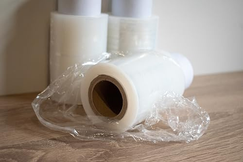 Inoverse Mini stretchfolie 12 rullar – handstretchfolie förpackningsfolie transparent 100 mm x 150 m (23 µm) – slitstark och självhäftande – skötfolie förpackningsfolie minirullar