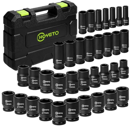 HOYETO 35PCS 1/2 Drive Impact Socket Set 8-32mm, Deep & Shallow for Car | Metric 6-Point Sockets, Heat-Treated, Storage Case, Non-Slip, Fits Impact Wrenches, for Workshop, Garage & Auto Maintenance