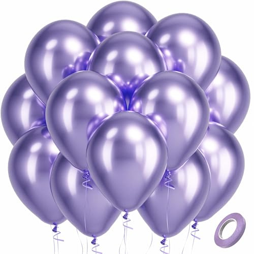 Bezente Metallic Purple Latex Party Balloons - 100 Pack 12 inch Round Helium Chrome Light Purple Lavender Lilac Balloons for Wedding Bachelorette Engagement Girl Butterfly Birthday Party Decorations