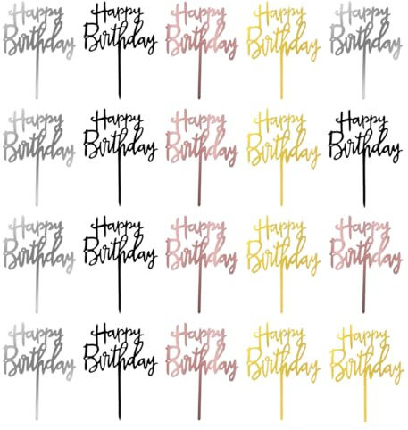 YIPFEN 20 PCS Happy Birthday Cake Topper, Acrylic Cake Decoration, Cupcake Topper (4 Colors)