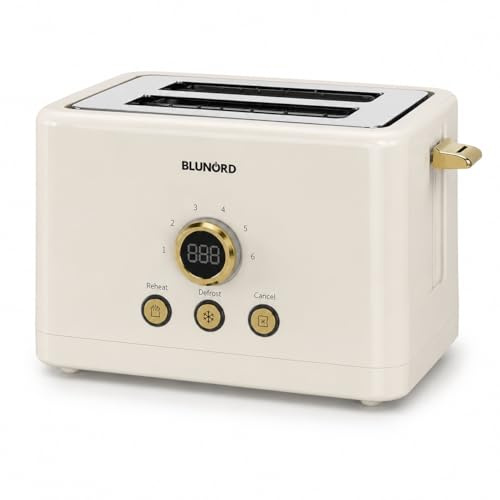Blunord Tostapane 2 Fette Digitale Cream, 750-850W, Display LED, 6 Livelli di Doratura, Funzioni Scongelamento Riscaldamento e Cancel, Vassoio Raccoglibriciole Estraibile