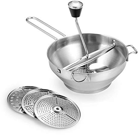 Rotary Food Mill Potato Ricer with 3 Interchangeable Disks, Great for Making Puree or Soups of Vegetables, Baby Foods, Stainless Steel 2 Quart Kitchen Mills, Easy Clean and Assemble, Manual Operati