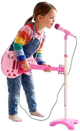 The Magic Toy Shop Kids Guitar and Microphone Set with 6 Strings - Adjustable Stand, 8 Demo Songs, Removable Mic - Great for Early Musical Skills, Toddler Performances, Creative Play, Girls, Ages 3+
