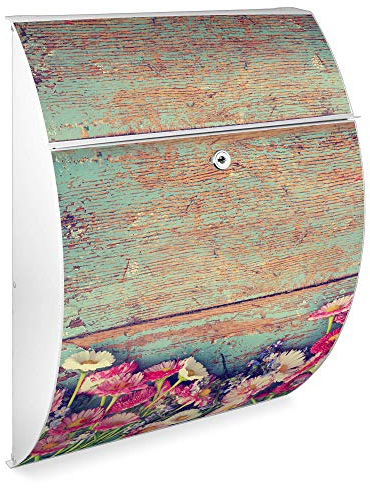 banjado Design Briefkasten - Modell Riviera 46x33,5x13cm groß - verzinkter Stahl weiß - Postkasten Öffnungsstopp großer A4 Einwurf Zylinderschloss 2 Schlüssel - Motiv Blumenpfücken