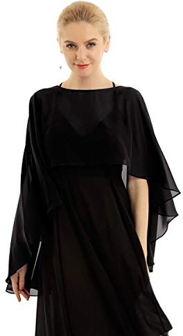 inlzdz Damen Stola Elegant Chiffon Schal Braut Hochzeit Capes Bolero Jacke Leichter Poncho Cardigan Tops zu jedem Brautkleid Abendkleid Schwarz One Size