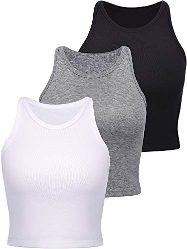 3 Pièces Débardeurs Basiques en Coton pour Femmes Crop Tank Top de Sport pour Femmes Filles (Noir, Blanc, Gris Clair, M)
